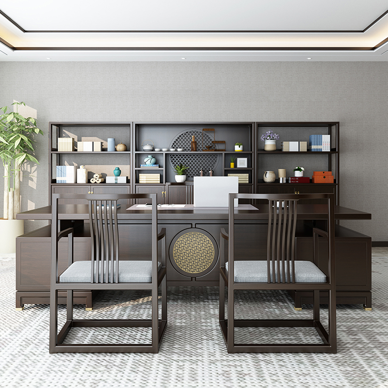 New Chinese Style Solid Wood Desk Supervisor Desk Chair Combination Boss Sensible Long Modern Zen Office Full Furniture