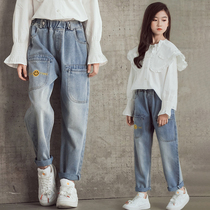 Girls jeans spring and autumn middle-aged girls foreign-atmosphere loose long pants Korean version of childrens casual daddy pants tide