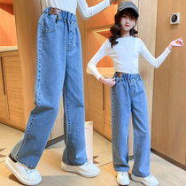 Girl Wide Leg Jeans Spring Fall Outside Wearing CUHK Child Loose Straight Drum Pants Spring Children Casual Wide Leg Pants