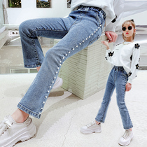 Girls denim bell pants autumn childrens slim high waist long pants Korean spring and autumn childrens casual pants
