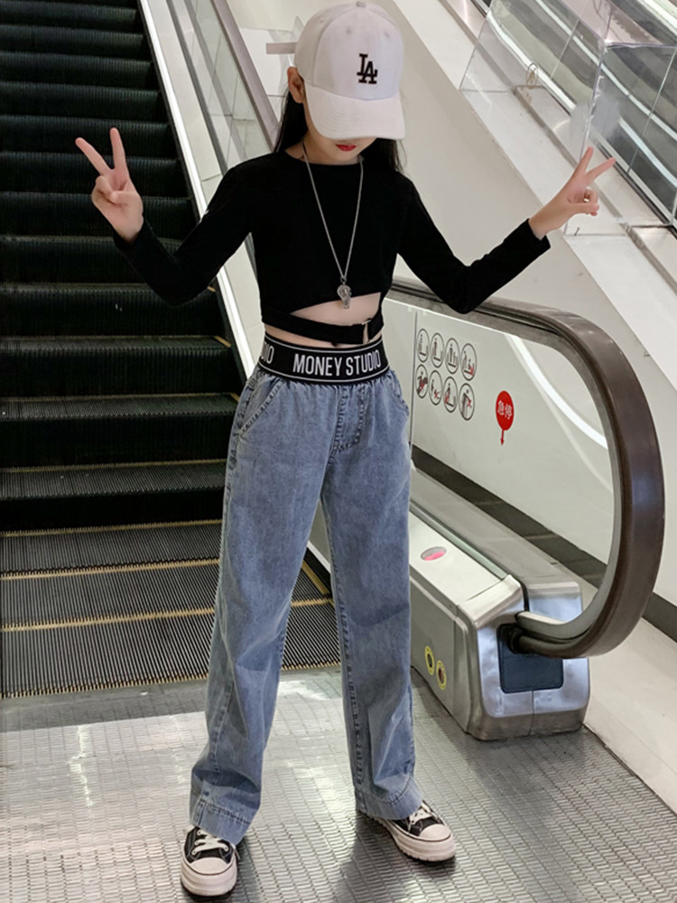 Girls jeans 2020 new spring and autumn large children's Western style wide leg pants children loose women's children's straight pants tide