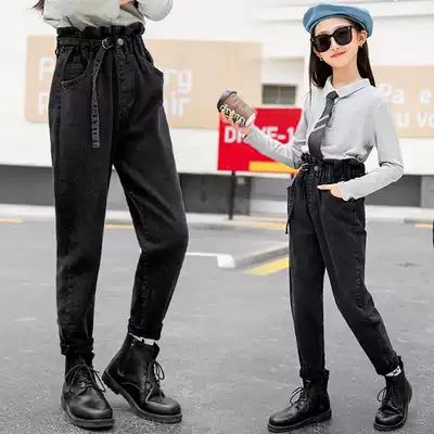Girls jeans chun qiu kuan zhong da tong Yangpai yan guan ku autumn children black high-waisted leisure long pants-music of the tide