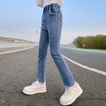 Girl Horn Jeans Spring Autumn New CUHK Tong Body Long Pants Spring Han Version Children Hair Side Casual Pants