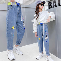 Girl Pants Spring CUHK Child Loose Small Feet Jeans Spring Autumn New Korean Version Children Printed Casual Long Pants