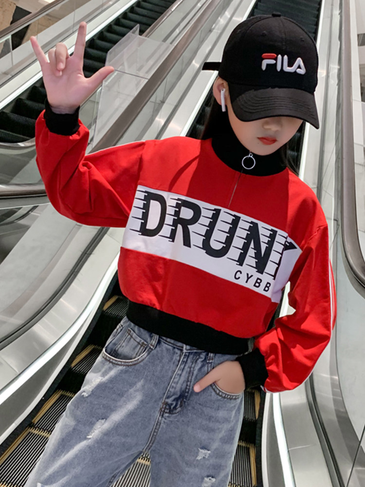 Girls Korean version thick cotton T spring and autumn 2020 new large children's autumn short children's suit Western style thin top tide