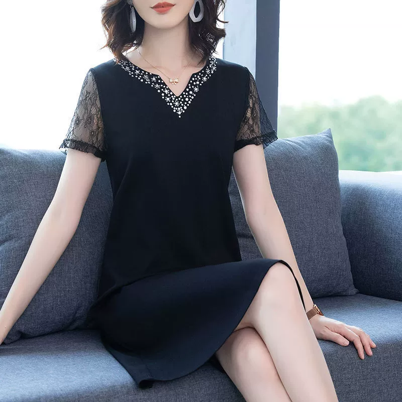 Plus size phụ nữ mùa hè năm 2021 ren đen mới che bụng và váy cổ chữ v - váy đầm