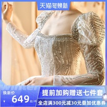 Wedding dress 2021 New Bride wedding temperament tailing Mori Super fairy dream small man long sleeve cover arm summer