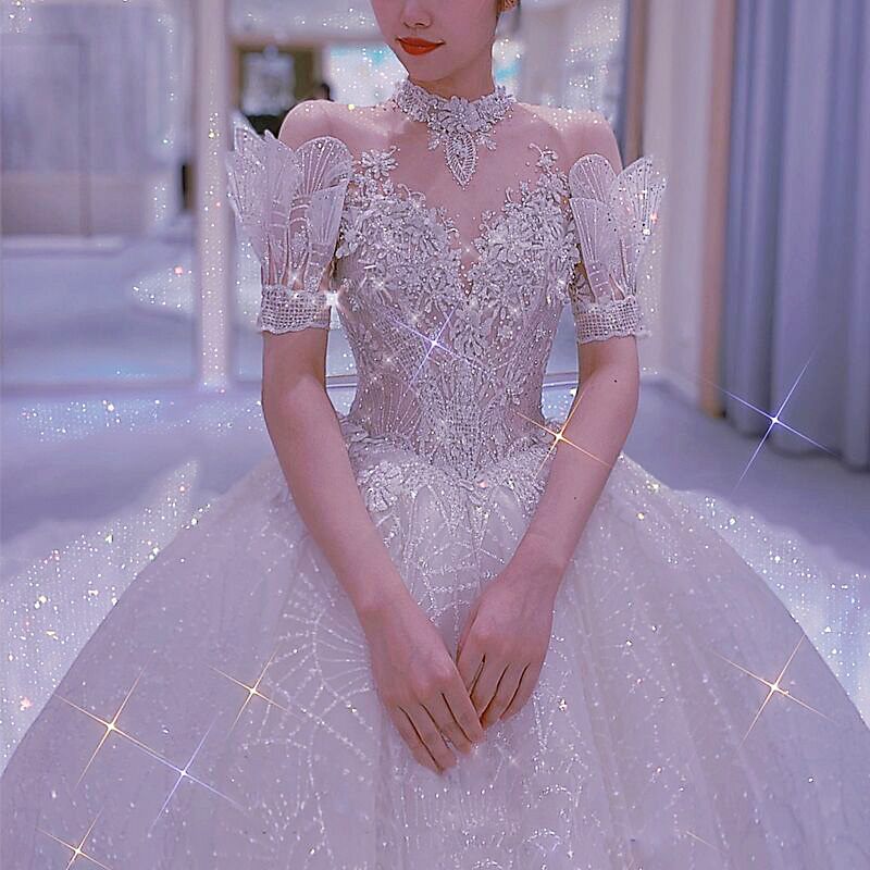 Light wedding dress 2021 new bride temperament drags the marriage high - collar slim slim palace wind yarn