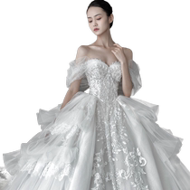 White one-shoulder wedding dress 2024 new bride high-end texture heavy industry luxury large tail French main yarn