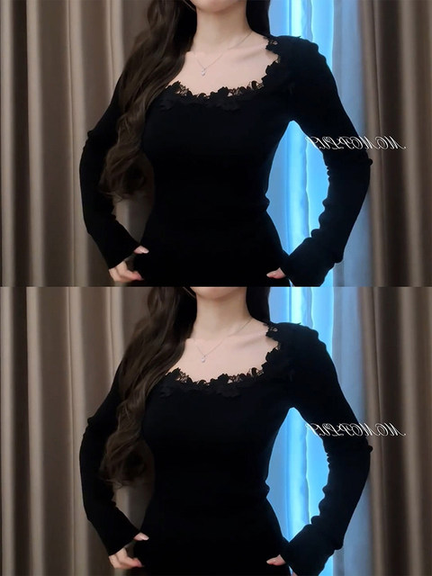 Sexy Black Lace Patchwork U-Neck Knitted Base Shirt for Women, Autumn and Winter High-End Style, Stunningly Beautiful Top