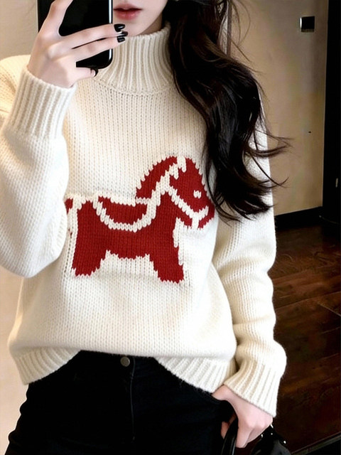 Korean white turtleneck pony jacquard sweater for women in winter, lazy high-end sweater, huge good-looking top
