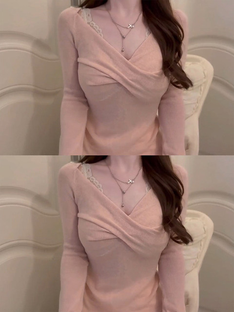 Stylish Pure Pink V-Neck Knit Sweater for Women, Slim Fit, Perfect for Layering in Autumn and Winter, Stunning Top