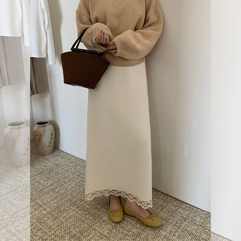 Korean Retro Lace Knitted Skirt for Women in Autumn and Winter, Petite High-Waisted Hip-Hugging Straight Long Skirt