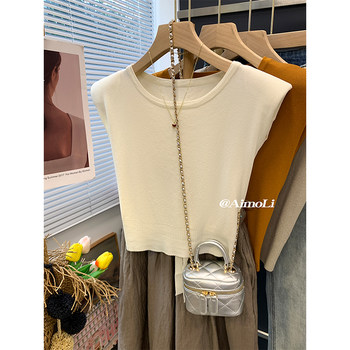 Summer Ice Silk Thin Flying Sleeve Knitwear Women's Design Waistless Lace-Up T-Shirt Slimming Look Short Sleeveless Top