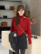 Korean-Style Red Half-High Collar Hollow-Out Knit Base Shirt for Women, Autumn and Winter Design, Off-Shoulder Sweater, Loose Top