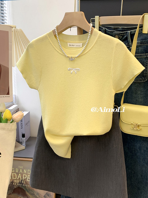 French-Style Yellow Sweet Bow Ice Silk Knit Top for Women, Summer Embroidered Slim-Fit Thin Base Shirt, Unique Top