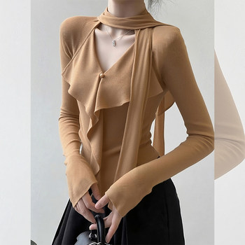 Korean-Style Outfit with Ribbon and Ruffle Trim, Knitted Sweater for Women, Autumn and Winter Design, Unique and Stylish, Super Pretty Top