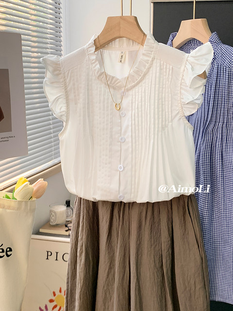 French Design, Sweet Sleeveless Vest Shirt for Women, Summer Elegant and Chic Babydoll Shirt, Slimming Flying Sleeve Top