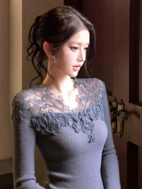 Gentle Style Lace Patchwork Knitwear for Women, Stunningly Beautiful Autumn and Winter Base Layer Sweater, Elegant Top