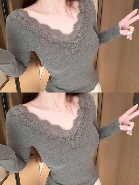 Gray Lace Spliced V-Neck Knit Top for Women, Autumn and Winter, Pure and Alluring Style, Slim Fit, Flattering Base Layer, Stunning Inner Wear Top