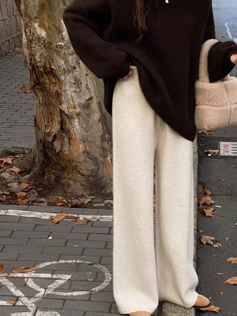 Autumn and Winter Drapey Gray Slim-Fit Knit Wide-Leg Pants for Women, Winter Petite Floor-Length Straight Pants, High-Waisted Loose Long Pants