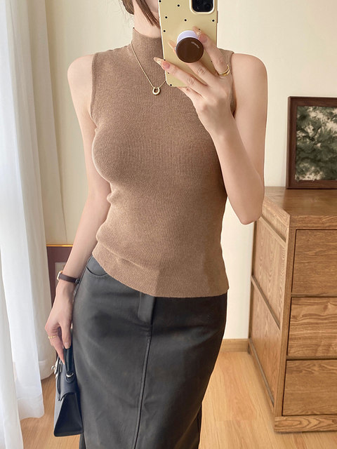 Summer Half-High Collar Rose Red Ice Silk Knitted Camisole Women's French Style Outerwear Sleeveless Inner Layering Top
