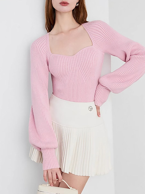 French-Style Square-Neck Wool Knit Sweater for Women, Autumn and Winter Lantern Sleeves, Thickened Inner Layer, High-End and Elegant Base Layer Top