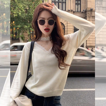 French-Style Lace Patchwork Half-Turtleneck Knitted Base Shirt for Women, Autumn and Winter High-End Halter V-Neck Sweater Inner Top