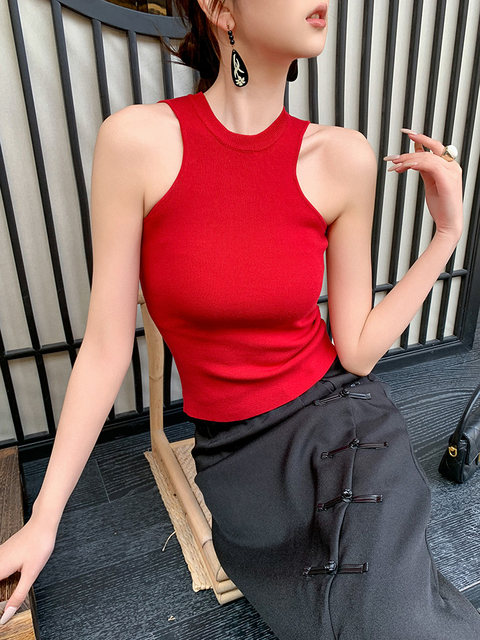 Retro red slim-fitting halterneck knitted camisole female summer hottie bottoming sleeveless shoulder top