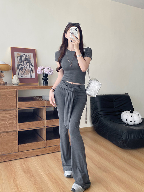Summer Hot Girl Gray Round Neck Tight Short-Sleeved T-Shirt with Tie Design and Floor-Length Tencel Pants Two-Piece Set