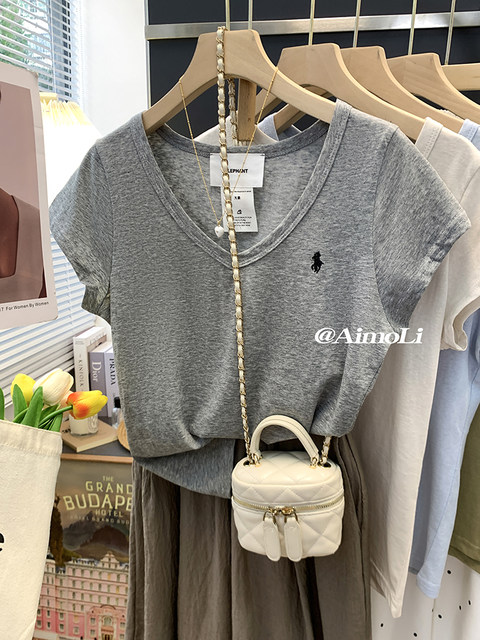 Summer Blue V-Neck Embroidered Pure Cotton Regular Shoulder Short-Sleeved T-Shirt for Women, New Design, Unique and Stylish, Slim-Fitting Top