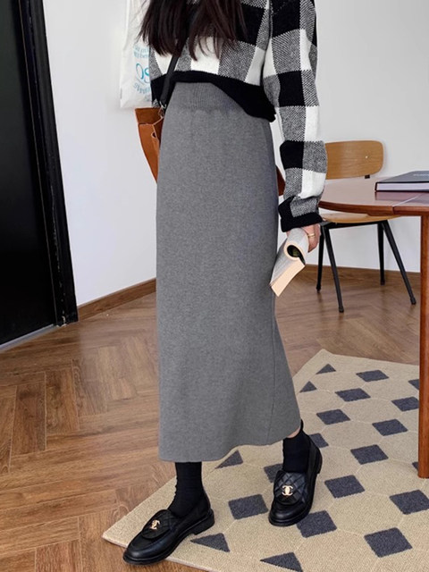 Autumn and Winter French Retro Slit Knit Skirt Women's High-End Elegant Slimming Woolen High-Waisted Hip-Hugging Long Skirt