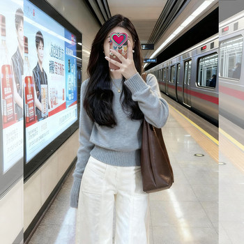 Gorgeous Gray High-End Short Sweater for Women, Autumn and Winter Lazy Style, Waist-Cinching Knitted Base Shirt, Korean Style Inner Wear Top