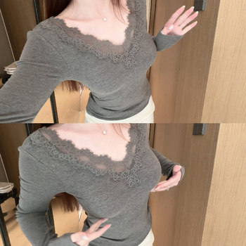 Gray Lace Spliced V-Neck Knit Top for Women, Autumn and Winter, Pure and Alluring Style, Slim Fit, Flattering Base Layer, Stunning Inner Wear Top