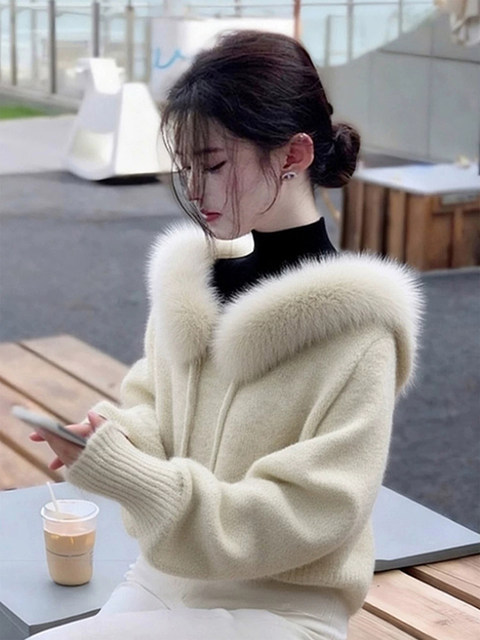 Fufu Sweater with Fur Collar and Hood for Women, Very Stylish for Autumn and Winter, Lazy and High-End Knit Top for Outerwear