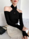 Autumn and Winter Design Wool Knit Sweater for Women, French-Style Black Halter Neck Base Sweater, Sexy Off-Shoulder Top