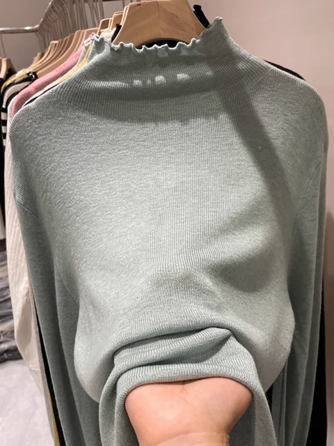 Autumn and Winter Popular Half-High Collar Ruffled Knit Sweater for Women, Stylish Slim-Fit Inner Layer Base Sweater, Elegant Soft Top