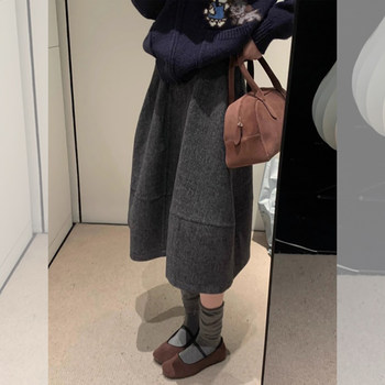 Dark Gray Woolen A-Line Skirt for Pear-Shaped Body, Hip-Covering Mid-Length Skirt for Women, Autumn and Winter Miu Style Retro Loose Skirt