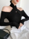 Autumn and Winter Design Wool Knit Sweater for Women, French-Style Black Halter Neck Base Sweater, Sexy Off-Shoulder Top