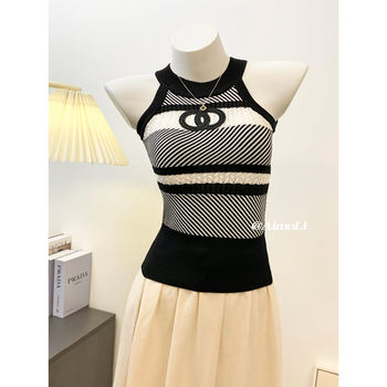 French-Style Halter Neck Knitted Camisole for Women, Summer Ice Silk Slimming Hot Girl Outfit, Sleeveless Top