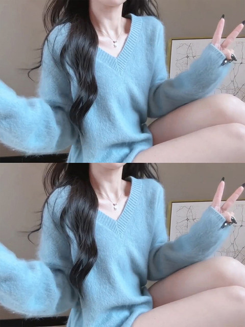 Korean-Style Soft Blue Mohair V-Neck Sweater for Women, Suitable for Autumn and Winter, Can Be Worn Outside, Loose and Lazy Style Knit Top