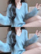 Korean-Style Soft Blue Mohair V-Neck Sweater for Women, Suitable for Autumn and Winter, Can Be Worn Outside, Loose and Lazy Style Knit Top