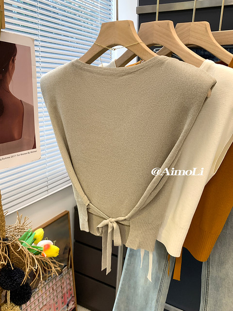 Ice Silk Sleeveless Knitwear for Women Summer High-End Thin Flying Sleeve T-Shirt Elegant Lace-Up Waist Short Top