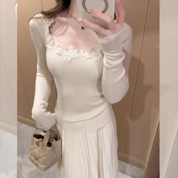 Pure Desire U-Neck Lace Patchwork Knit Sweater for Women, Spring Design, Slim Fit, Unique and Beautiful, Very Attractive Top