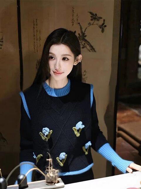 Autumn and Winter Lazy Chic Black Jacquard Knit Sweater for Women, Very Stylish Layered with a Vest, Unique and Beautiful Top