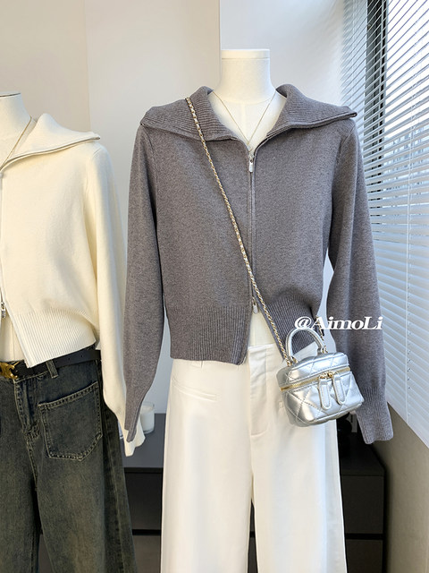 Autumn and Winter Lapel Double-Zip Short Stylish Thick Sweater for Women, Korean Style High-End Knitwear, Vintage Outerwear Top