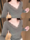 Gray Lace Spliced V-Neck Knit Top for Women, Autumn and Winter, Pure and Alluring Style, Slim Fit, Flattering Base Layer, Stunning Inner Wear Top
