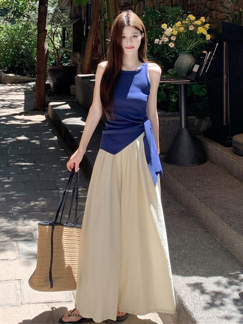 Summer Irregular Tie-Up Ice Silk Knitted Camisole Women's White Loose Skirt Pants Wide-Leg Pants Hot Girl Outfit