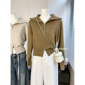 Autumn and Winter Lapel Double-Zip Short Stylish Thick Sweater for Women, Korean Style High-End Knitwear, Vintage Outerwear Top