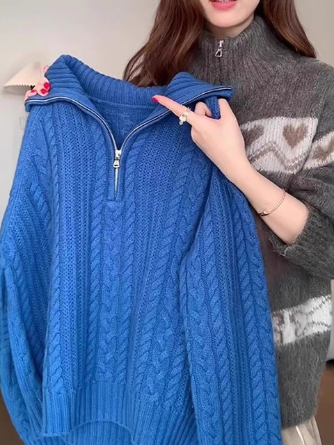 High-End New Year Red Half-Zip Lapel Cable Knit Sweater for Women, Autumn and Winter Lazy Loose Knitwear Outerwear